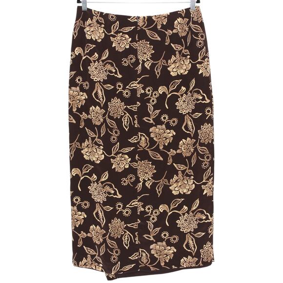 Vintage Josephine Chaus 100% Silk Brown Tan Floral Midi Skirt Size 14 - Picture 5 of 8